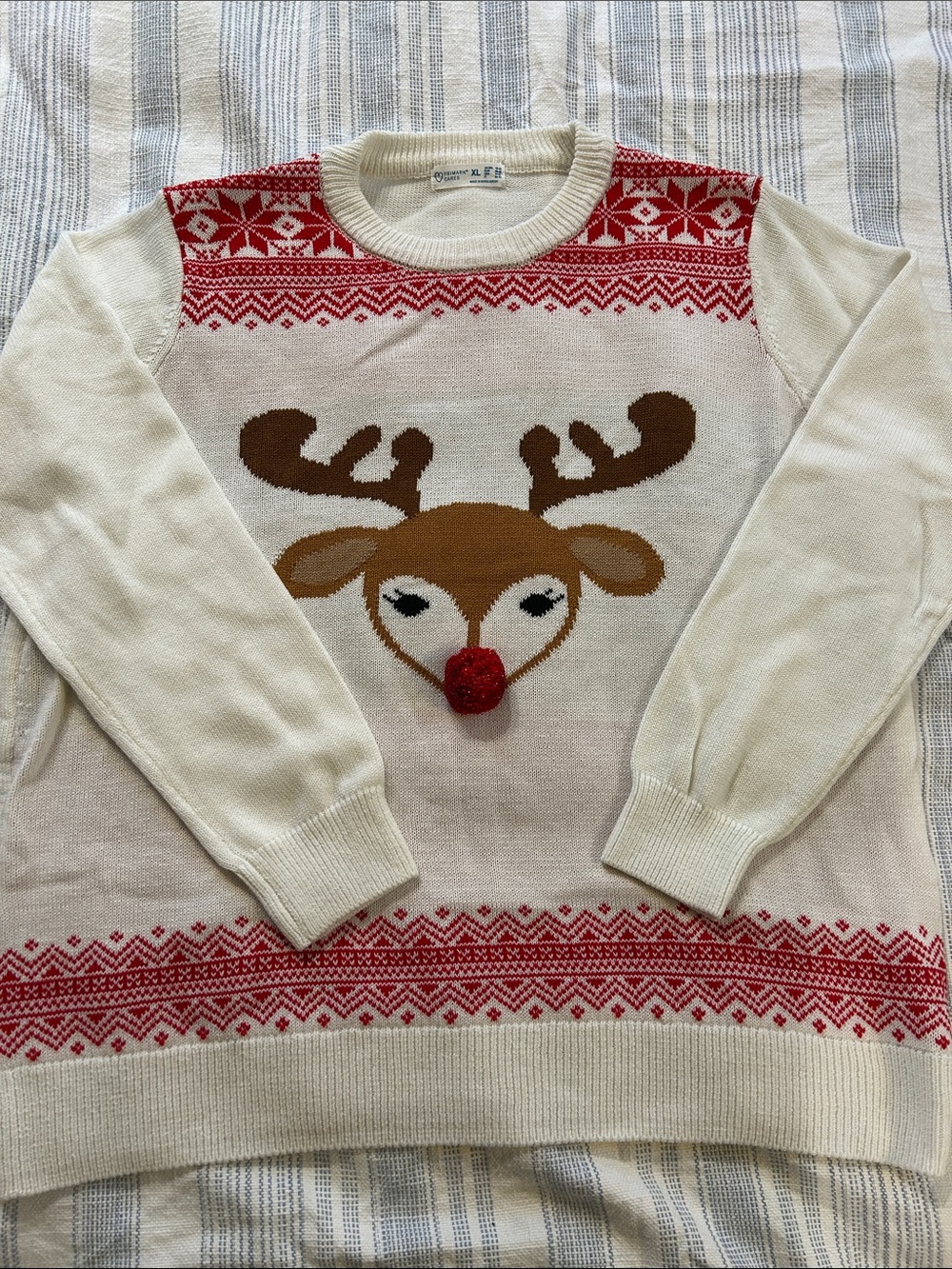 Primark Cream Holiday Reindeer Sweater with Red Trim